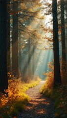 Poster - Pathway Through a Radiant Forest: Sunbeams Illuminate a Golden Autumn Trail