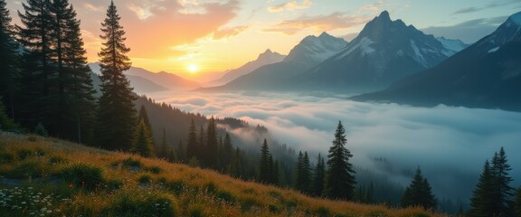 Aufkleber - Majestic mountain landscape with evergreen forests, fog, and a vibrant sunset, creating a serene and picturesque natural scene.