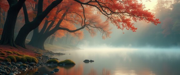 Poster - Serene Lake Scene with Autumn Foliage and Misty Atmosphere for Tranquility and Peaceful Outdoor Concepts