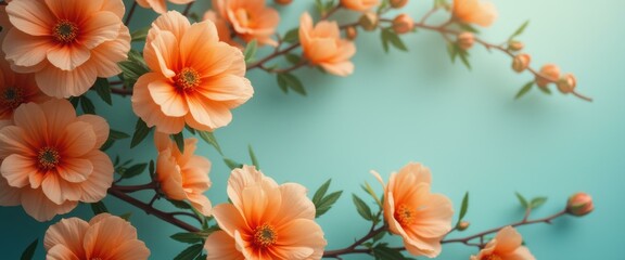 Poster - Elegant Peach Flowers Blossoming Against a Serene Light Blue Backdrop