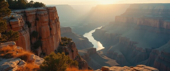 Poster - Majestic canyon landscape featuring towering cliffs, a winding river, and soft golden sunlight illuminating the scene