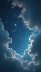 Poster - Night sky with stars peeking through the gaps in a layer of fluffy white clouds at dusk
