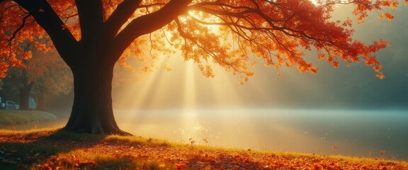 Poster - Autumnal Tranquility: A Majestic Tree with Fiery Foliage Overlooking a Misty Lake at Sunrise