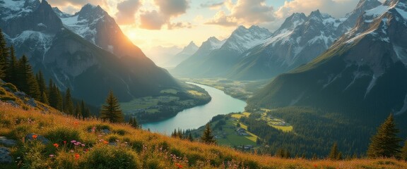 Poster - Serene Valley Panorama with Majestic Mountains, Turquoise River, Lush Forests, and Vibrant Wildflower Meadow under a Golden Sunrise