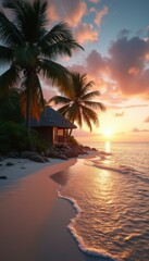 Poster - Tropical Beach Sunset with Hut and Palm Trees Reflecting in Ocean Waves
