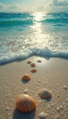 Poster - Tranquil Beach Scene: Seashells on Sand with Gentle Waves and Bright Sunlight