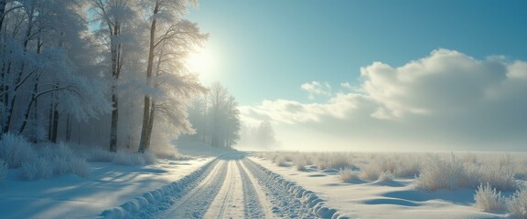Poster - Winter wonderland scene with snow-covered road leading into a misty landscape under a bright sun and cloudy sky.