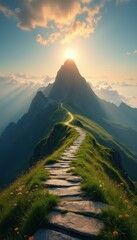 Aufkleber - Scenic Mountain Ridge Path Leading to Peak with Sunrise Glow, Tranquil Landscape, Hiking Trail, and Lush Greenery