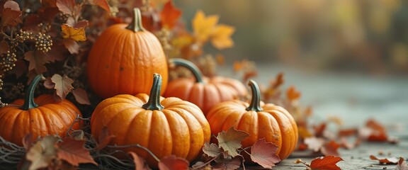 Aufkleber - Vibrant pumpkins and autumn leaves on wooden table showcase warm autumnal scene