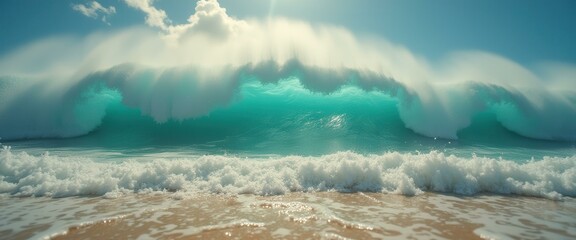Poster - Gigantic turquoise wave cresting over the beach with sea foam and golden sand in sunny weather