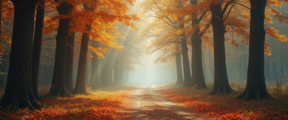 Aufkleber - Sun-Drenched Autumn Path: A Serene Walk Through Golden Forest with Foggy Light and Orange Fallen Leaves