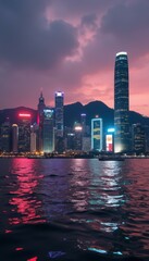 Aufkleber - Stunning cityscape at dusk with skyscraper reflections on water - dynamic urban panorama with vibrant light displays and dramatic clouds
