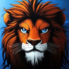 Poster - Fierce Lion Portrait with Striking Blue Eyes and Vibrant Mane Against a Blue Background, Embodying Strength and Majesty