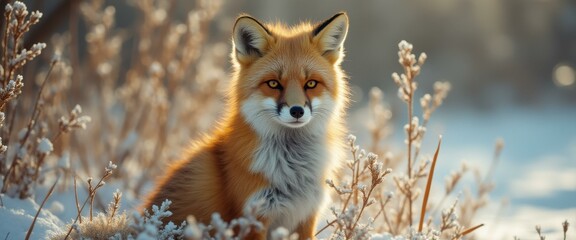Aufkleber - Portrait of a Red Fox in Winter Landscape Amidst Frosty Vegetation, Capturing the Essence of Wildlife Photography