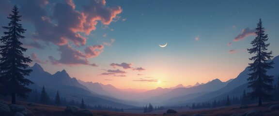 Poster - Tranquil mountain valley landscape at sunset with a crescent moon and vibrant, colorful clouds in the sky, serene and atmospheric