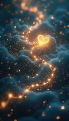 Aufkleber - Abstract Heart Shape with Sparkling Golden Lights on a Soft Blue Textured Background for Romantic Concepts