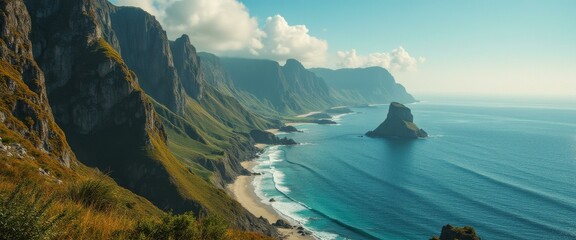 Aufkleber - Rugged coastline with steep cliffs and a prominent rock formation in a calm ocean