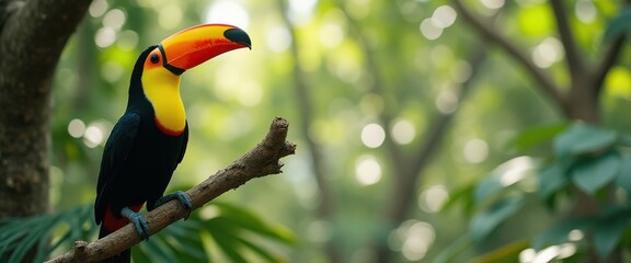 Poster - Vibrant toucan bird perches gracefully on a branch, exotic wildlife portrait against lush tropical forest backdrop, nature photography