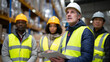 © Curioso.Photography - Group of warehouse workers wearing yellow safety vests and hard hats standing together in an industrial setting.
