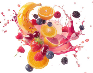 Aufkleber - Assorted Fresh Fruits Splashing in Juice Creating an Abstract Composition