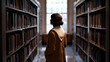 © Curioso.Photography - Woman in a yellow coat standing between bookshelves in a quiet library, looking toward a sunlit window.