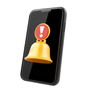 Shiny golden notification bell with exclamation mark alert on smartphone display