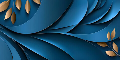Poster - Abstract blue background with gold leaf accents decorative design for elegant modern decoration