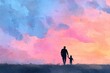 © car - Silhouette watercolor man and child walking outdoors, Father's Day concept, relationship with child, congratulations, poster, banner, copy space. High quality