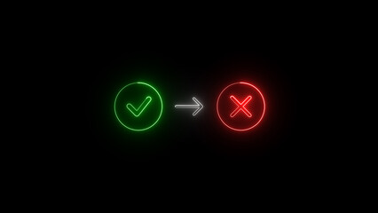 Poster - Digital process of accept and decline represented by neon icons with check mark transitioning to x mark against a black background