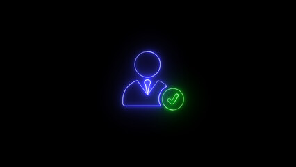 Poster - Glowing neon user profile icon with checkmark symbol represents approved account or verified status on dark black background