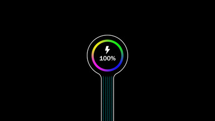 Poster - Full battery charge icon in neon colors with a digital interface and stylish design on a black background ready for use.