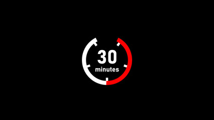 Poster - A thirty minute countdown timer icon with a modern minimalist design with a striking red and white color scheme on a solid black background.