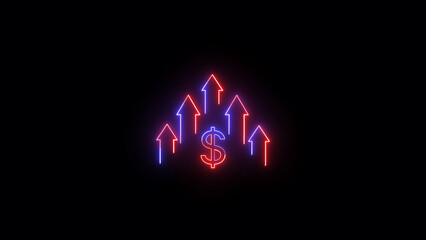 Poster - Neon dollar sign surrounded by upward pointing arrows depicting financial growth and positive economic trends on a black background
