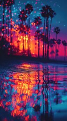 Poster - Vibrant sunset reflected in a placid water surface with palm trees.
