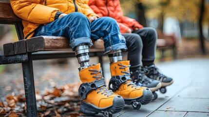 Poster - advanced prosthetic limbs for children with limb loss, sitting on playground bench, vibrant jacket, photorealistic style, child and robotic arm in focus, blurred background, copy space on left side