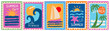 © olechkaart - Set of sea, summer postage stamps. Hand drawn, paper cut, collage style. Sea, sun, boat, palm trees, waves, ocean. Design for card, sticker, cover, poster. Vacation, paradise, travel concept.