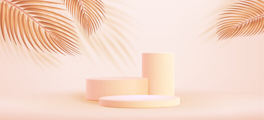 Poster - Beige luxury palm podium setup - cylinder platform stages with matte pastel cream finish and coconut tree leaves. Minimal 3d mockup for elegant cosmetic product display or showcase presentation.