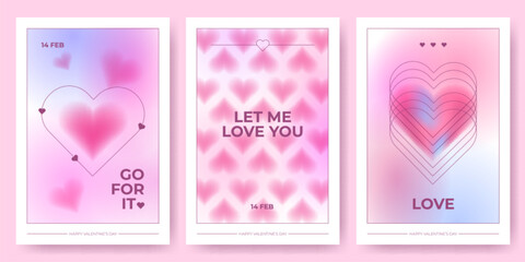 Poster - Y2k style Valentine Day cards set with pink and purple gradients, blurry aura heart shapes and tender slogans. Aesthetic 2000s design posters with romantic phrases. Cute retro 14 February posters.
