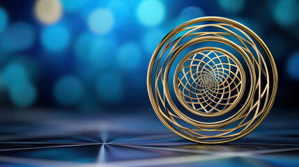 Aufkleber - Elegant Golden Spiral Sculpture Against a Soft Blue Bokeh Background for Artistic Themes