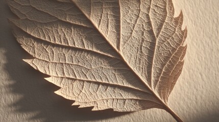 Close-up of a light beige, dried leaf, showcasing intricate veins and texture