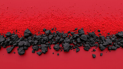 Poster - Red and Black Texture Contrast with Crushed Material and Fine Powder on Vibrant Background