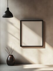 Aufkleber - Sunlit minimalist interior with a blank square frame, dark vase, and pendant lamp against a textured wall