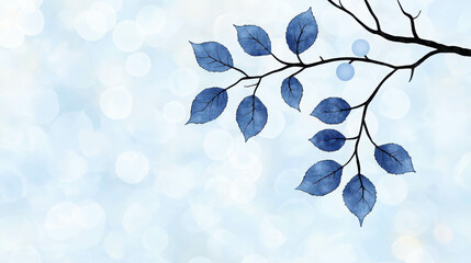 Poster - Blue Leaves on a Branch with a Soft Bokeh Background in Pastel Shades of Light