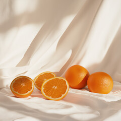Poster - Fresh orange fruit and slices on white fabric, natural sunlight, healthy citrus, minimal style, vibrant color