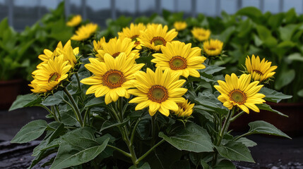 Poster - Bright yellow sunflower cluster with green leaves in garden, cheerful and vibrant outdoor scene