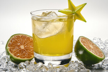 Poster - Starfruit juice with ice in clear glass, surrounded by fresh starfruit and lime, refreshing and vibrant