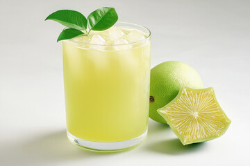 Poster - Fresh starfruit juice in clear glass with ice, green starfruit and leaf, refreshing and healthy drink