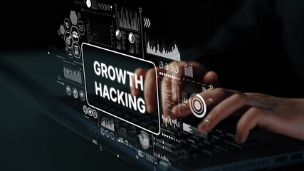 Poster - Hands On Laptop Keyboard Displaying Concept Of Growth Hacking With Data Visualization And Analytics. Asymptotic smart data analytic.