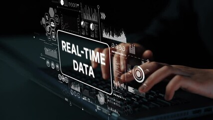Poster - Futuristic Interface Displaying Real-Time Data Analytics with Hands Typing on Laptop Keyboard in Dark Environment. Asymptotic smart data analytic.