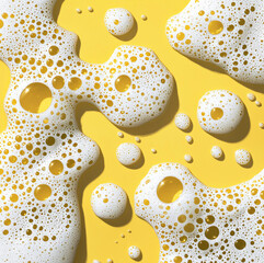 Poster - White soap suds with bubbles on bright yellow background create cheerful and clean abstract pattern